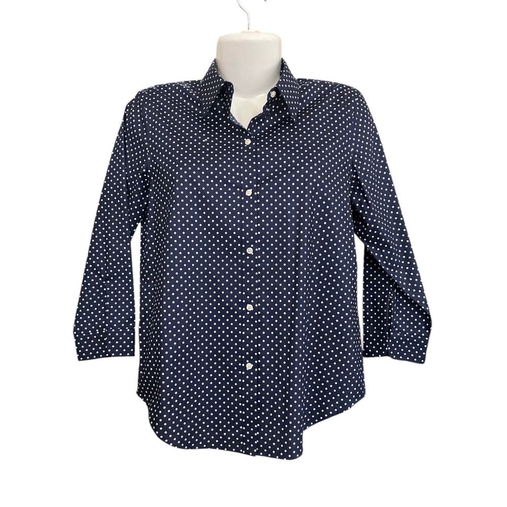 Lauren Ralph Lauren Women's Navy Polka Dot Non-Iron Cotton Button-Up Top Size M